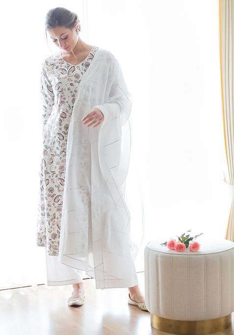 White Gotta Embroidered Pure Cotton Kurta Set