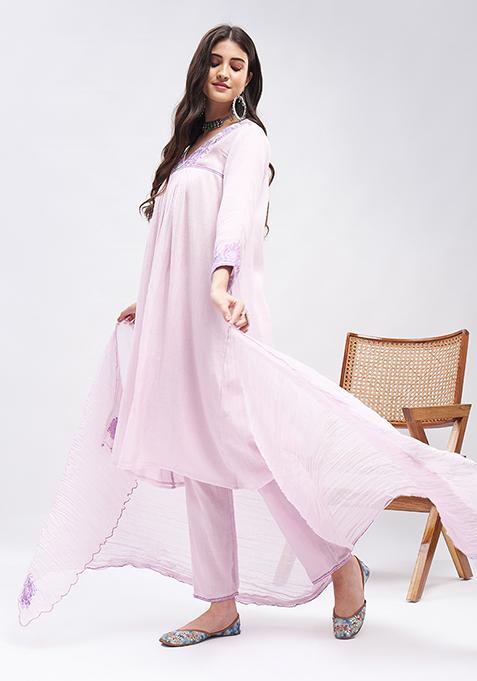 Lilac Resham Embroidered Pure Silk Chanderi Kurta Set