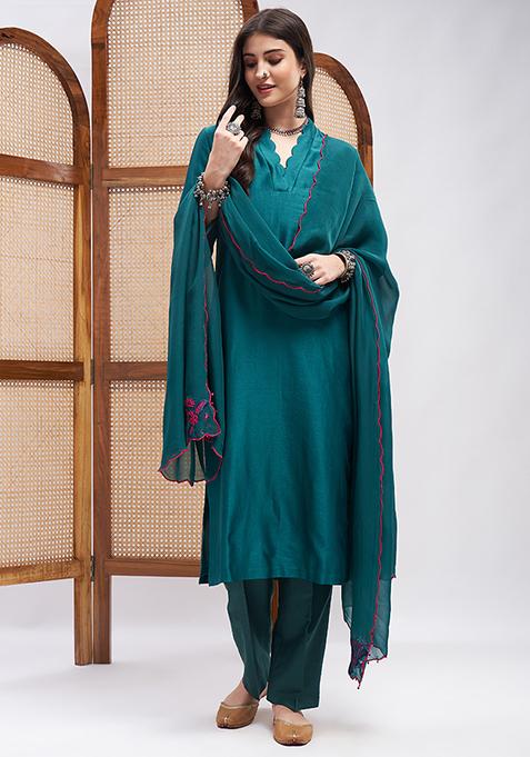 Teal Green Resham Pearl Embroidered Silk Chanderi Kurta Set