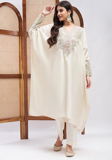 Off White Resham Zari Embroidered Silk Chanderi Kurta Set