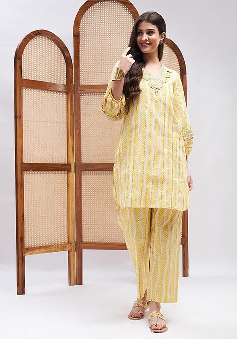 Yellow Resham Hand Embroidered Cotton Kurta Set