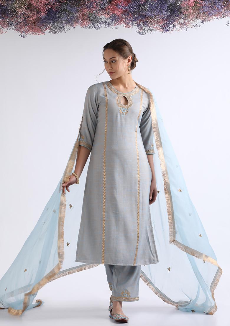 Blue Zari Embroidered Cotton Kurta Set