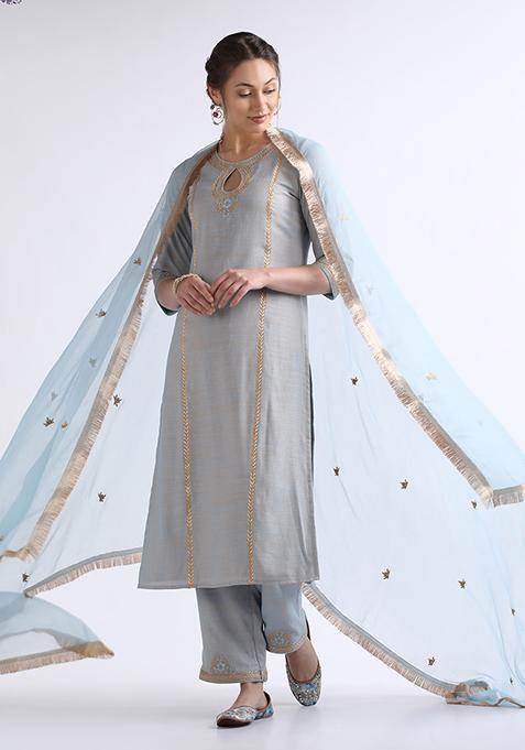 Blue Zari Embroidered Cotton Kurta Set