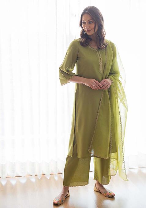 Green Zari Embroidered Cotton Organza Kurta Set