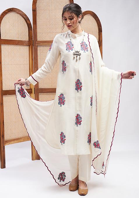 Off White Resham Embroidered Silk Chanderi Kurta Set