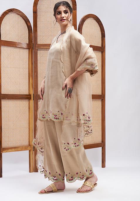 Copper Gold Resham Embroidered Silk Chanderi Kurta Set