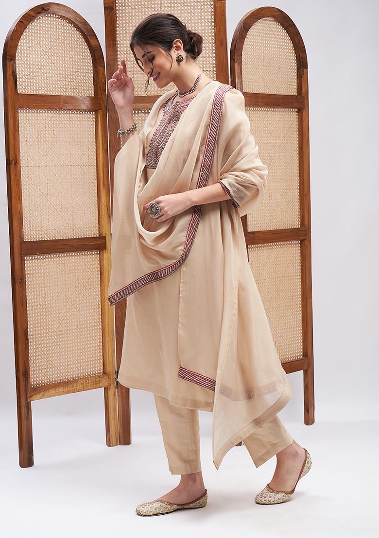 Sand Brown Resham Zari Embroidered Silk Chanderi Kurta Set