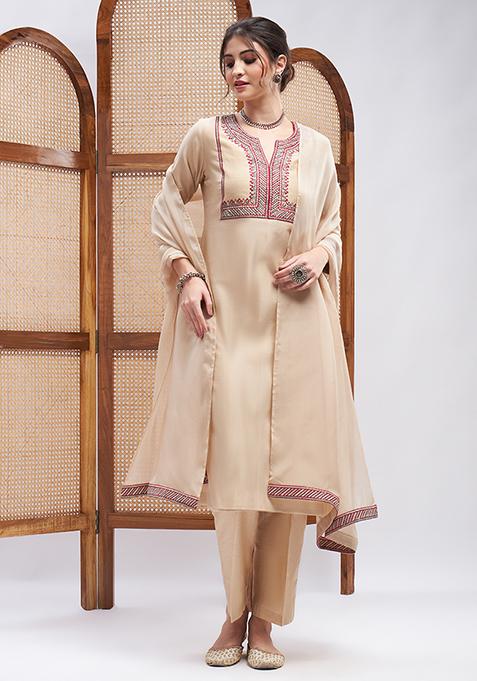 Sand Brown Resham Zari Embroidered Silk Chanderi Kurta Set