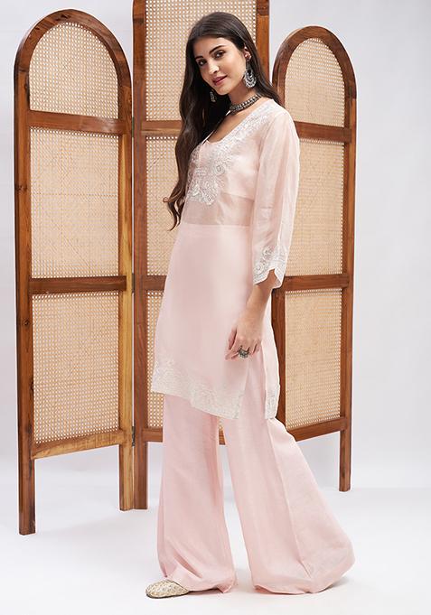 Pastel Pink Aari Embroidered Viscose Raw Silk Kurta Set