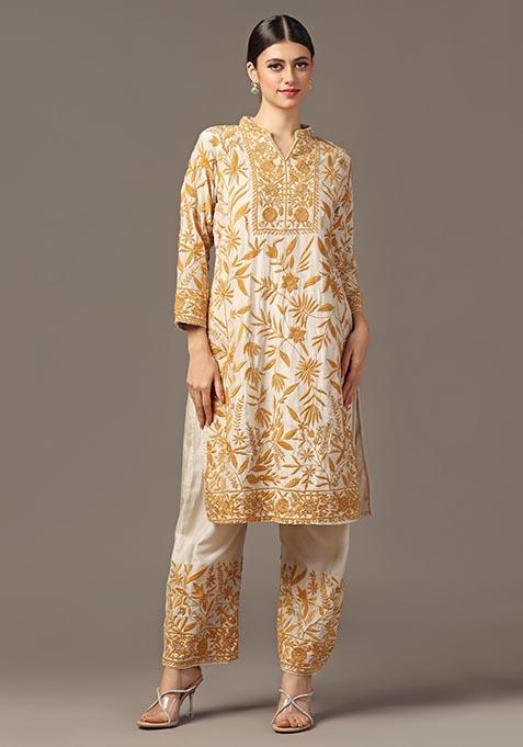 Beige Thread Embroidered Silk Kurta Set