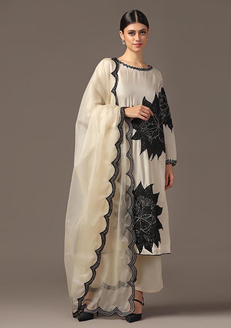 White Sequin Embroidered Silk Kurta Set