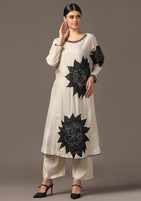 White Sequin Embroidered Silk Kurta Set