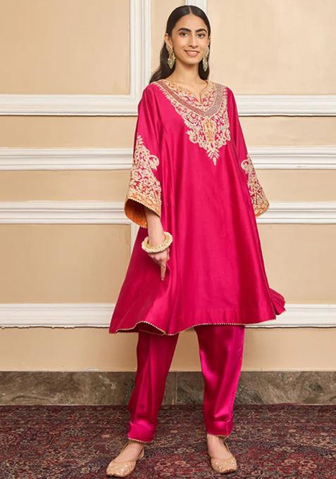 Hot Pink Embroidered Silk Chanderi Kurta Set