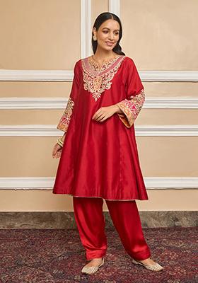 Deep Red Embroidered Silk Chanderi Kurta Set