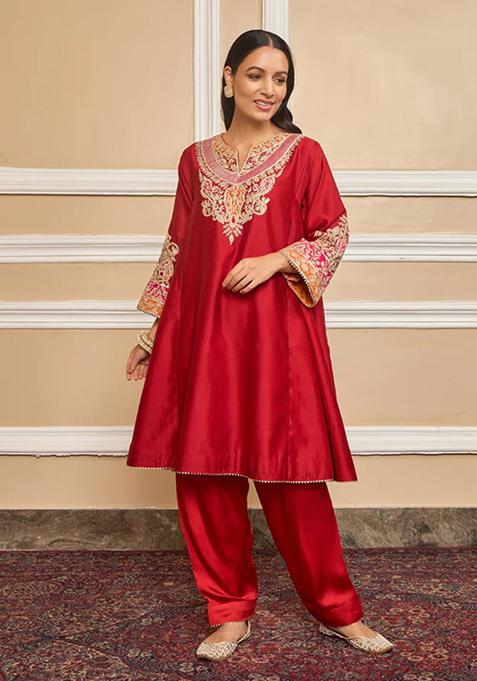 Deep Red Embroidered Silk Chanderi Kurta Set