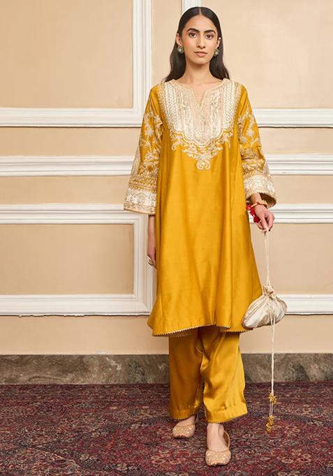 Mustard Embroidered Silk Chanderi Kurta Set