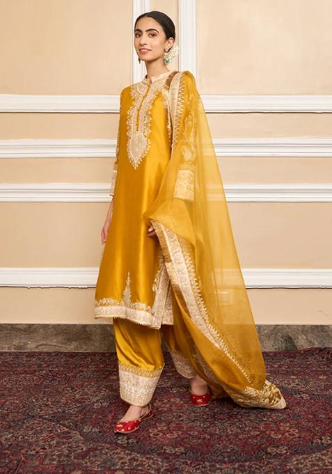 Mustard Embroidered Silk Chanderi Kurta Set