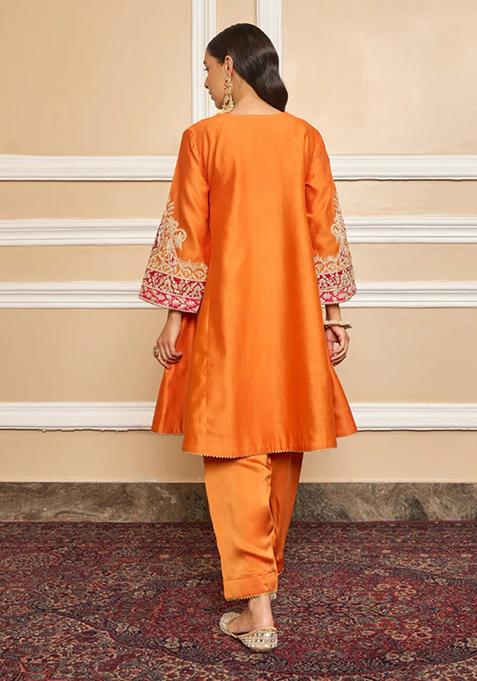 Orange Embroidered Silk Chanderi Kurta Set