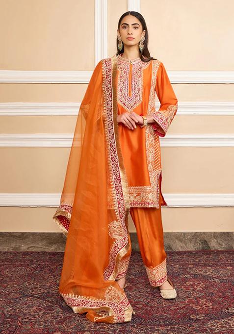 Orange Embroidered Silk Chanderi Kurta Set