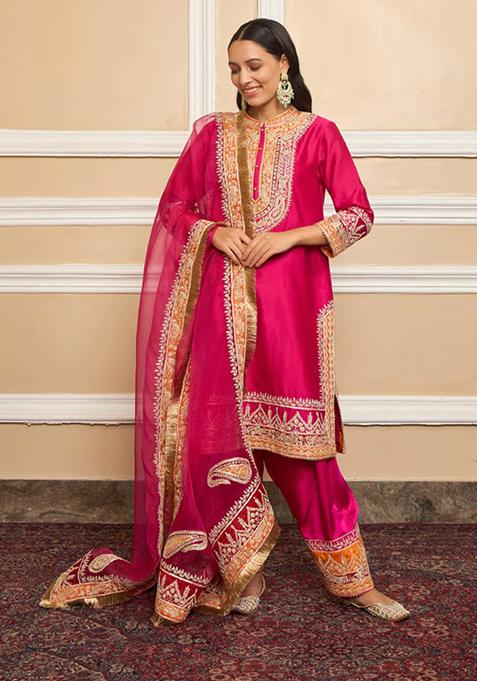 Hot Pink Embroidered Silk Chanderi Kurta Set