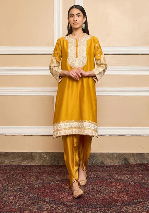 Mustard Embroidered Silk Chanderi Kurta Set