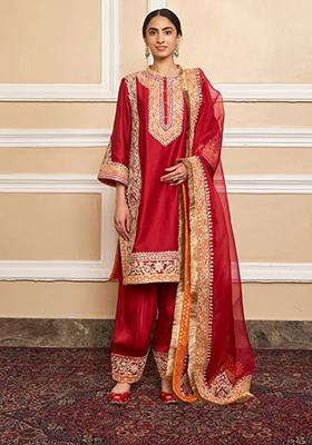 Deep Red Embroidered Silk Chanderi Kurta Set