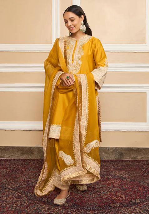 Mustard Embroidered Silk Chanderi Kurta Set