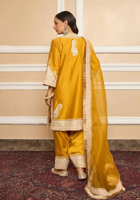 MUSTARD MATKA SILK EMBROIDERED SHERWANI KURTA CHURIDAR SET