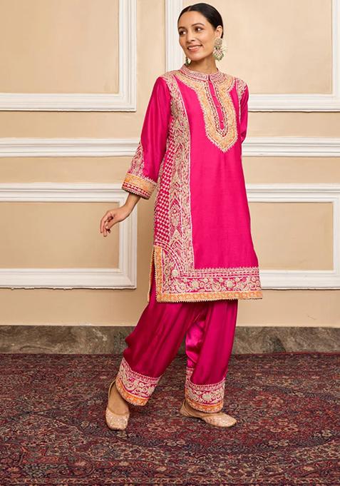 Hot Pink Embroidered Silk Chanderi Kurta Set