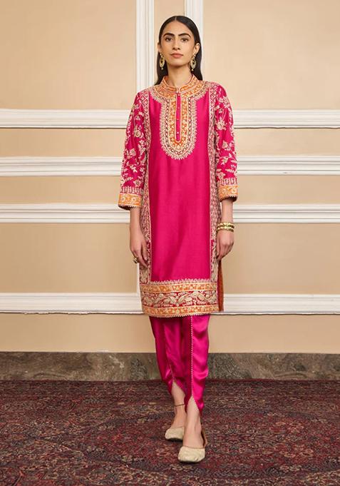 Hot Pink Embroidered Silk Chanderi Kurta Set