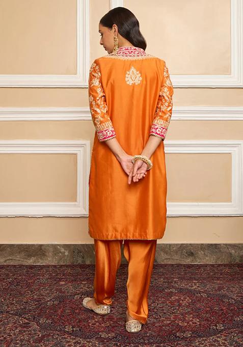 Orange Embroidered Silk Chanderi Kurta Set