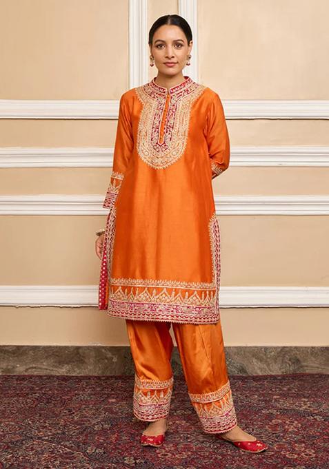 Orange Embroidered Silk Chanderi Kurta Set