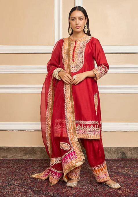 Deep Red Embroidered Silk Chanderi Kurta Set