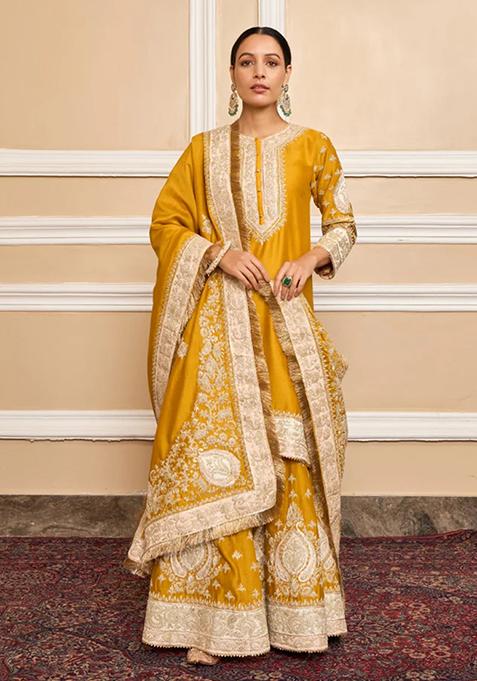 Mustard Embroidered Silk Chanderi Kurta Set