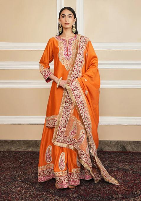 Orange Embroidered Silk Chanderi Kurta Set