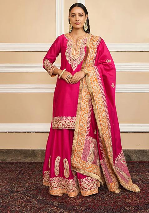 Hot Pink Embroidered Silk Chanderi Kurta Set