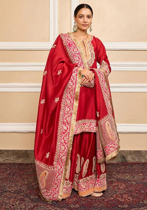 Red Embroidered Silk Chanderi Kurta Set