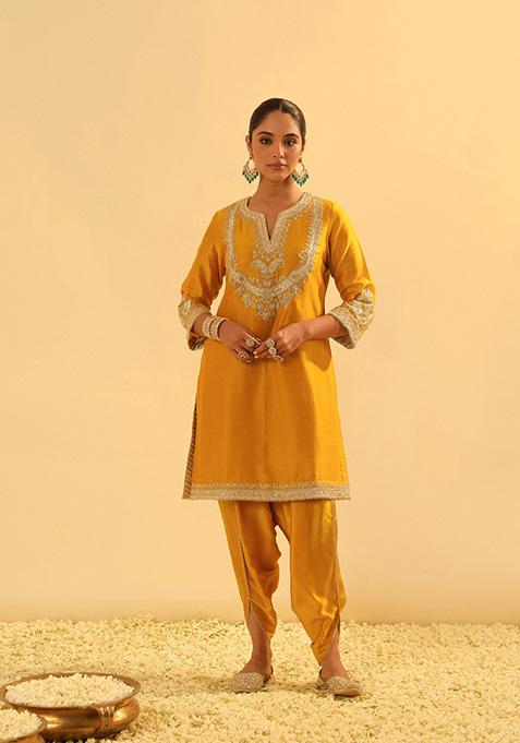 Mustard Embroidered Silk Chanderi Dhoti Set