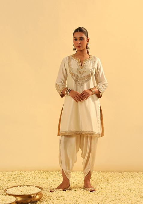 Daisy Ivory Embroidered Silk Chanderi Dhoti Set