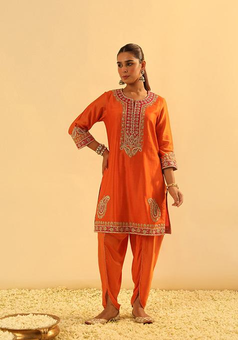 Orange Embroidered Silk Chanderi Dhoti Set