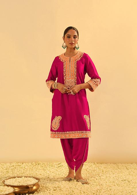 Hot Pink Embroidered Silk Chanderi Dhoti Set