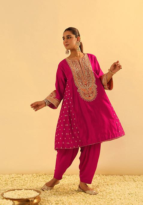 Hot Pink Embroidered Silk Chanderi Kurta Set