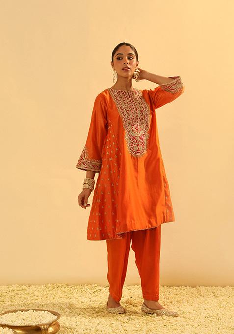 Orange Embroidered Silk Chanderi Kurta Set