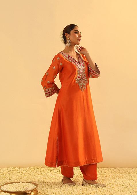 Orange Embroidered Silk Chanderi Kurta Set