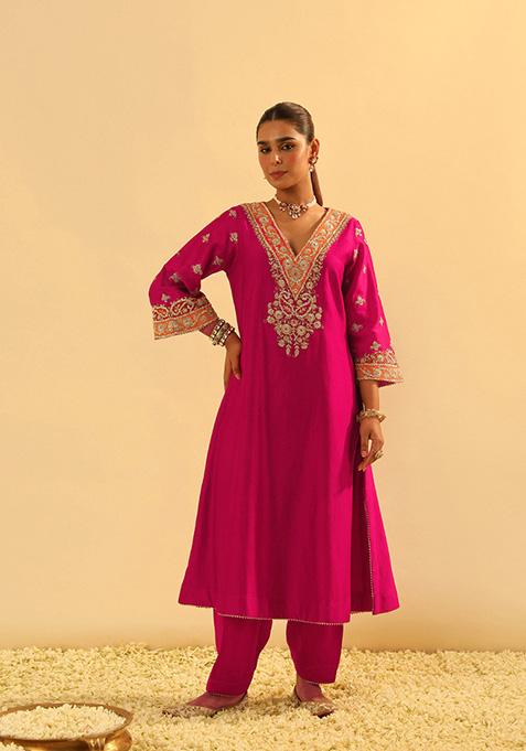 Hot Pink Embroidered Silk Chanderi Kurta Set