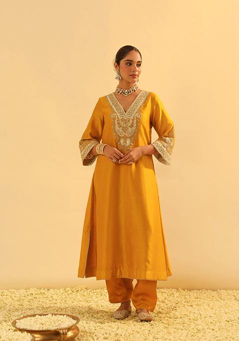 Mustard Embroidered Silk Chanderi Kurta Set