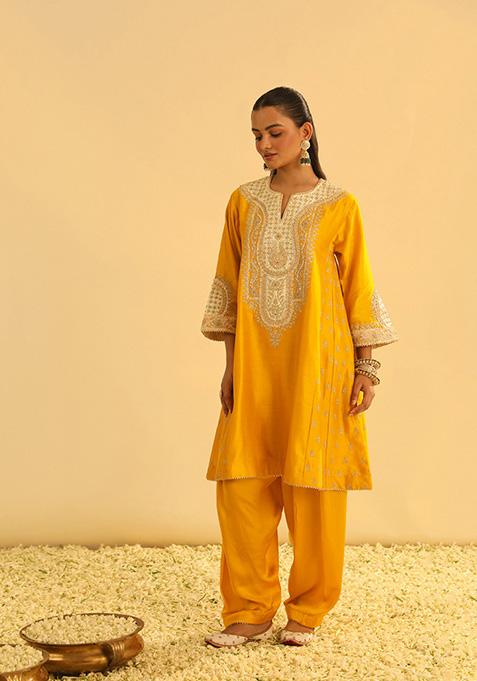 Mustard Embroidered Silk Chanderi Kurta Set