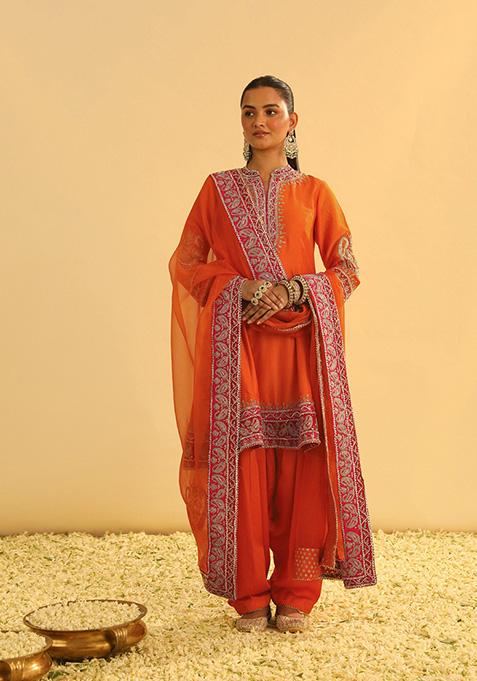 Orange Embroidered Silk Chanderi Kurta Set