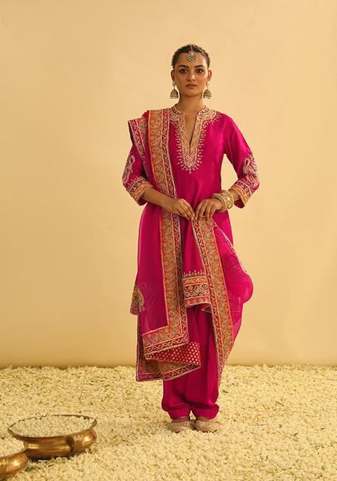 Hot Pink Embroidered Silk Chanderi Kurta Set