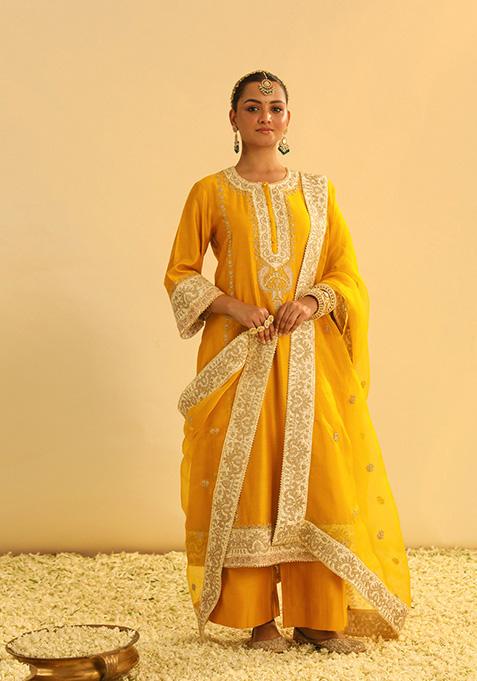 Mustard Embroidered Silk Chanderi Kurta Set